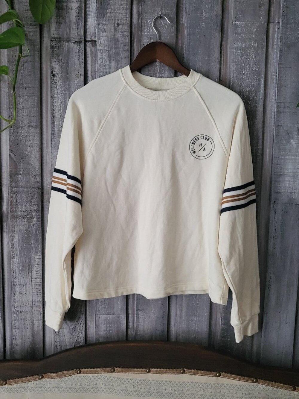 Cream Wellness Club Graphic Sweatshirt Striped Sleeves Cotton